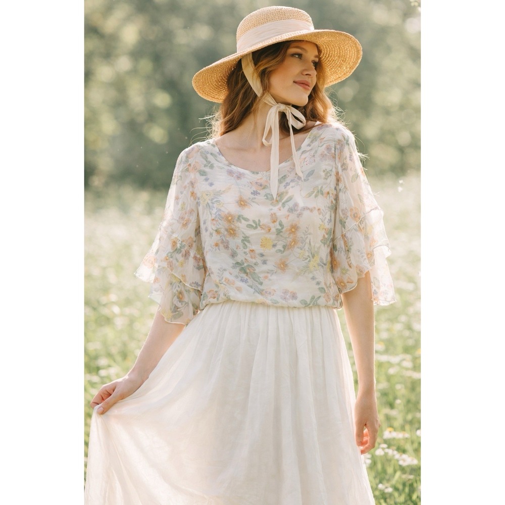 Giusy 100% Silk Sheer Floral Pastel Bell Sleeve Romantic Blouse Small‎